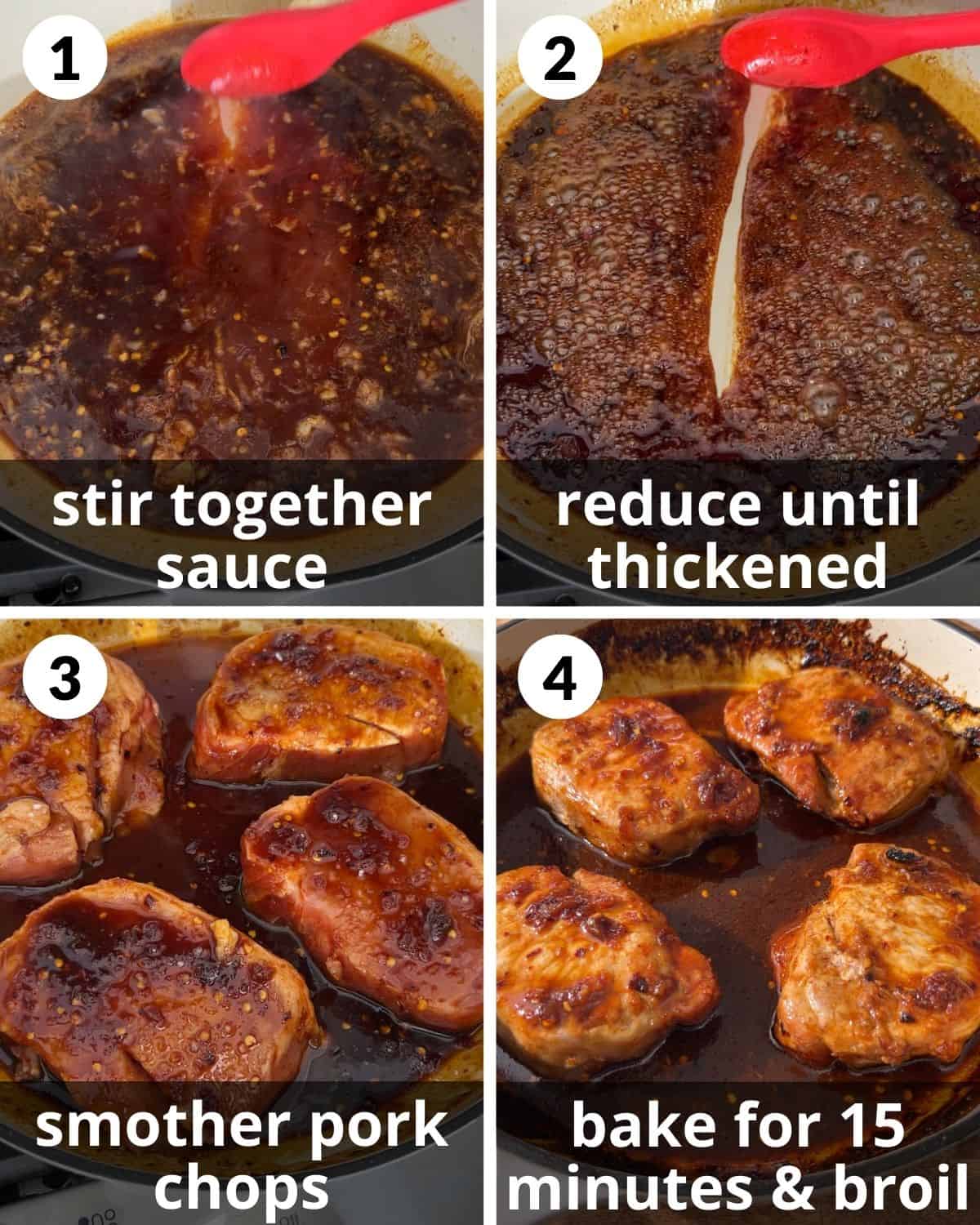 A four image collage showing the assembly of brown sugar garlic pork chops.