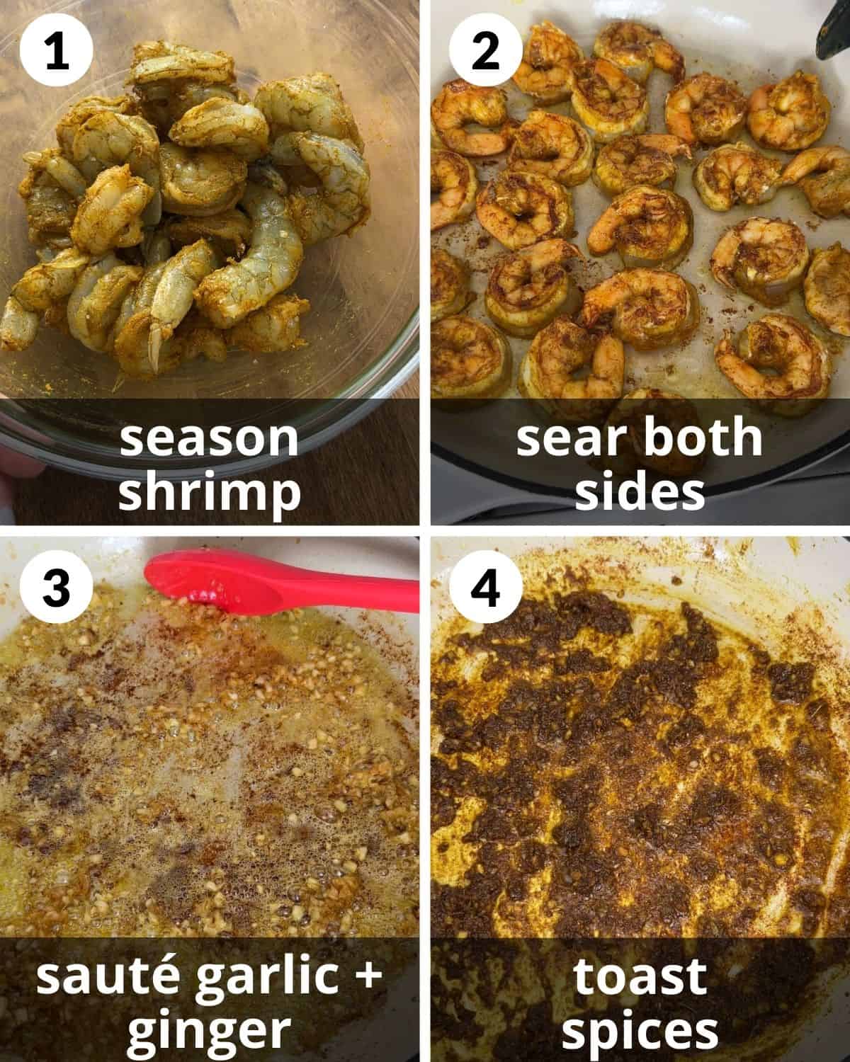  A 4 photo collage showing the beginning assembly of coconut curry shrimp.