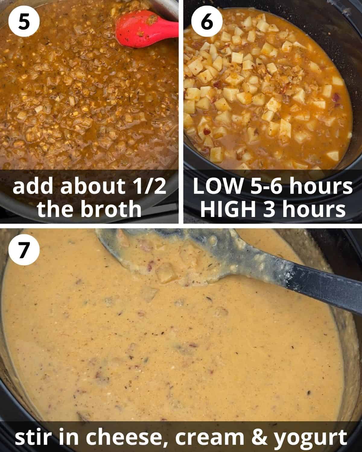 A 3 photo collage showing the final assembly of hash brown potato soup.