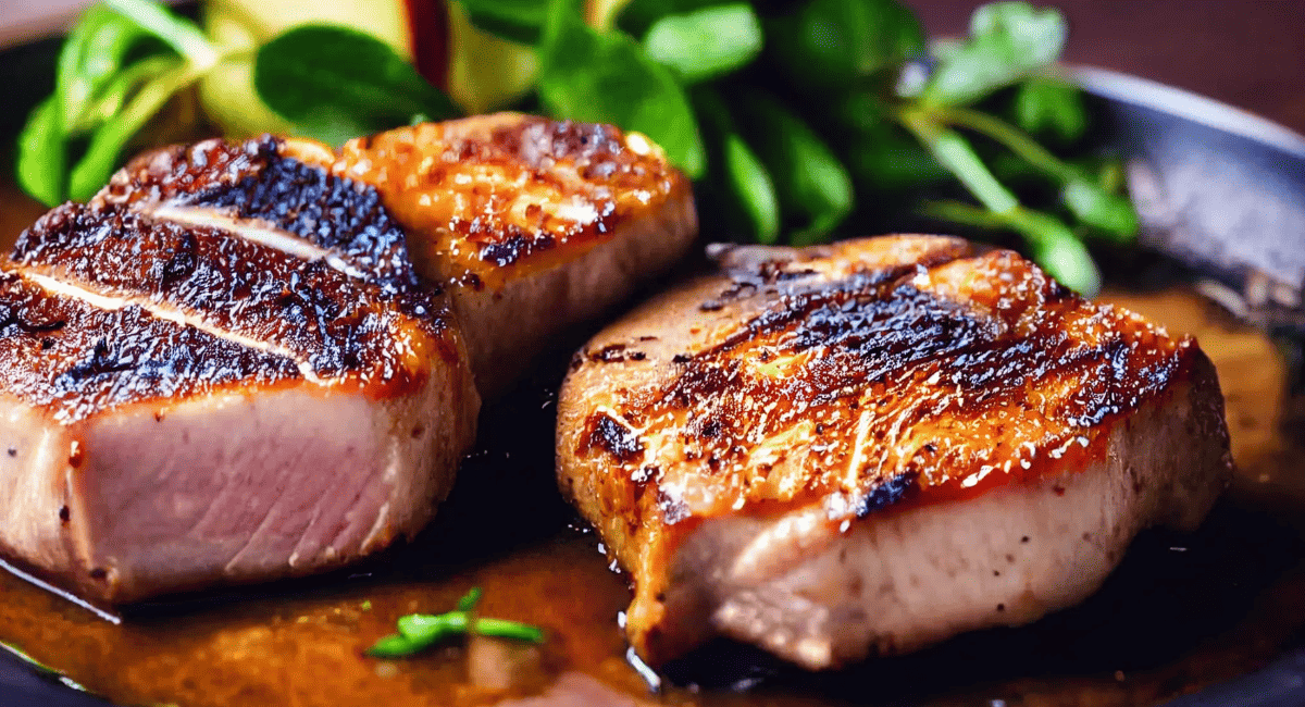 Up close image of pan seared pork chops with apple cider glaze.