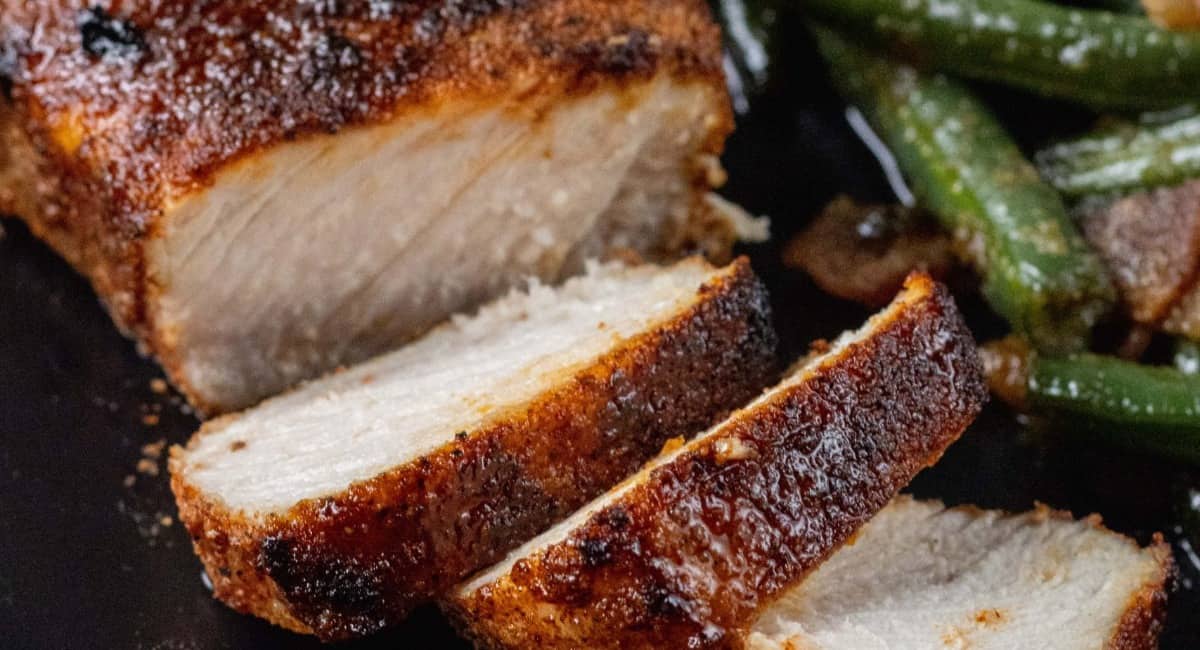 Up close image of broiled pork chops.