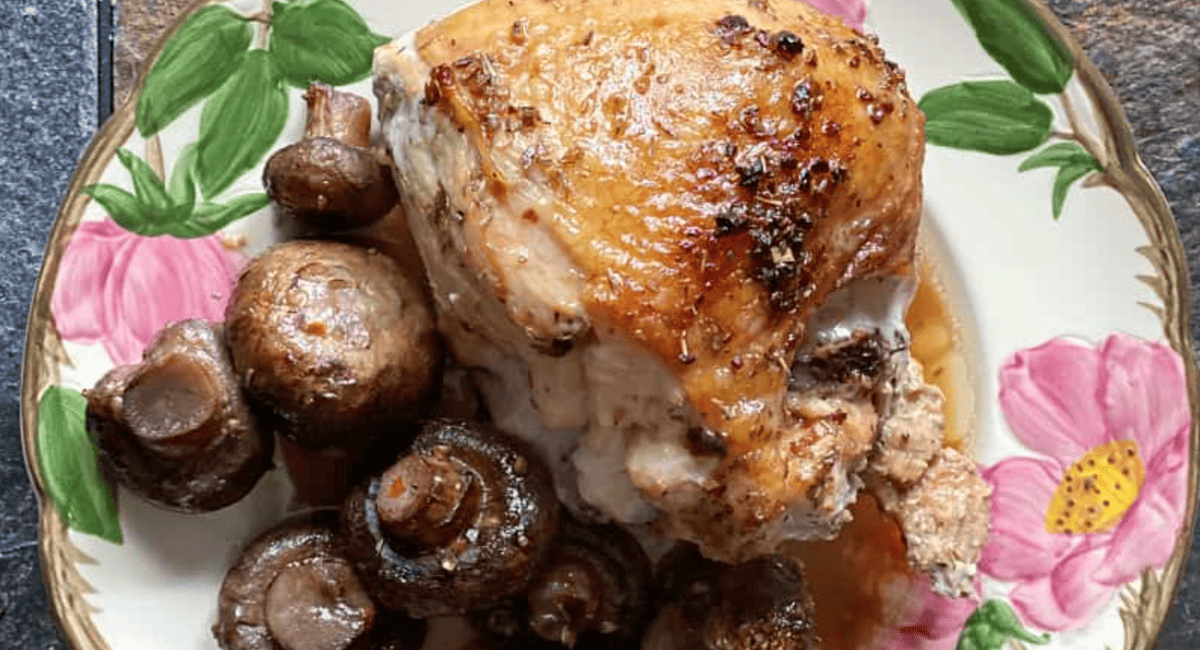 Overhead image of garlic soy roasted chicken and mushrooms.