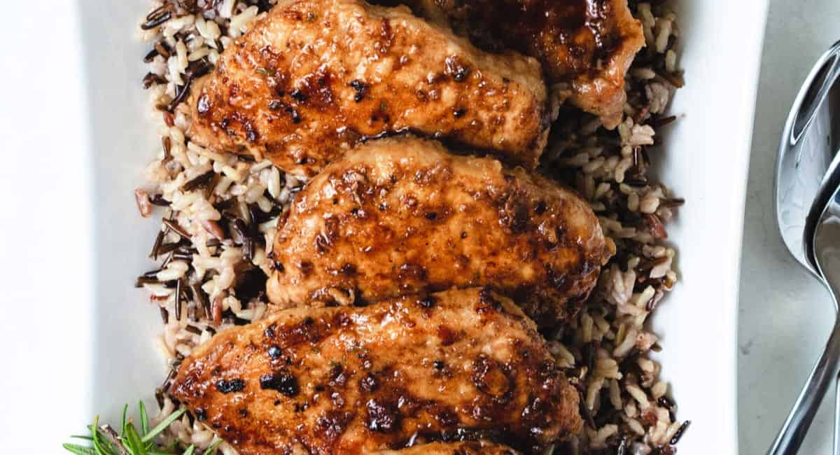 Overhead image of balsamic pork chops.