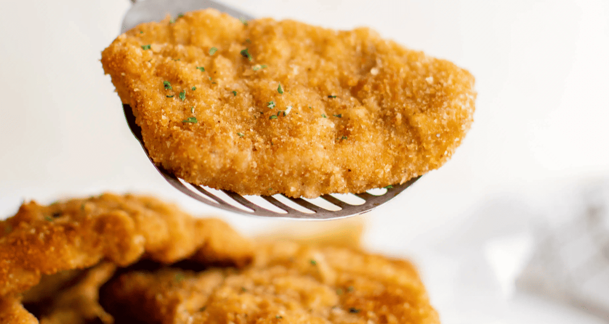 Up close image of pork schnitzel.