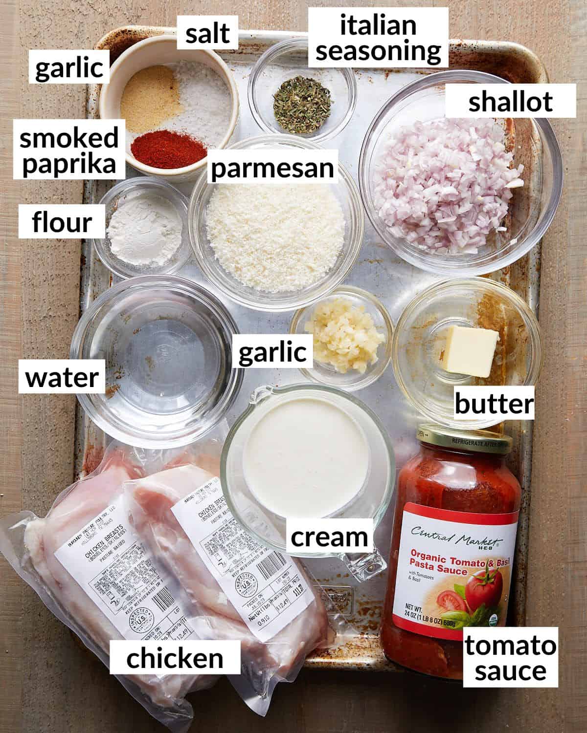 Overhead image of ingredients needed to make tomato basil chicken.