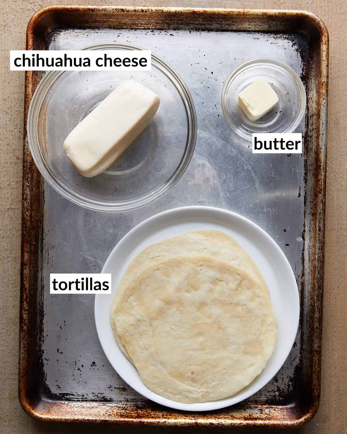 Overhead image of cheese quesadilla ingredients. 