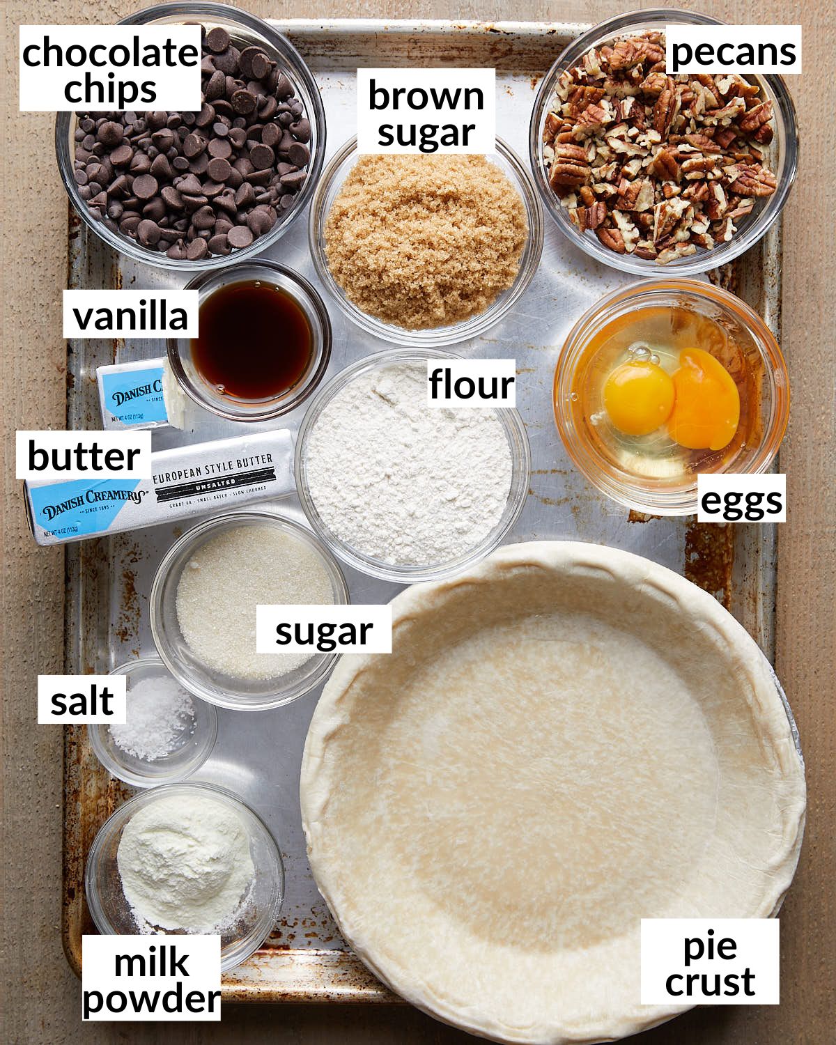 Overhead image of choclate chip cookie pie ingredients. 