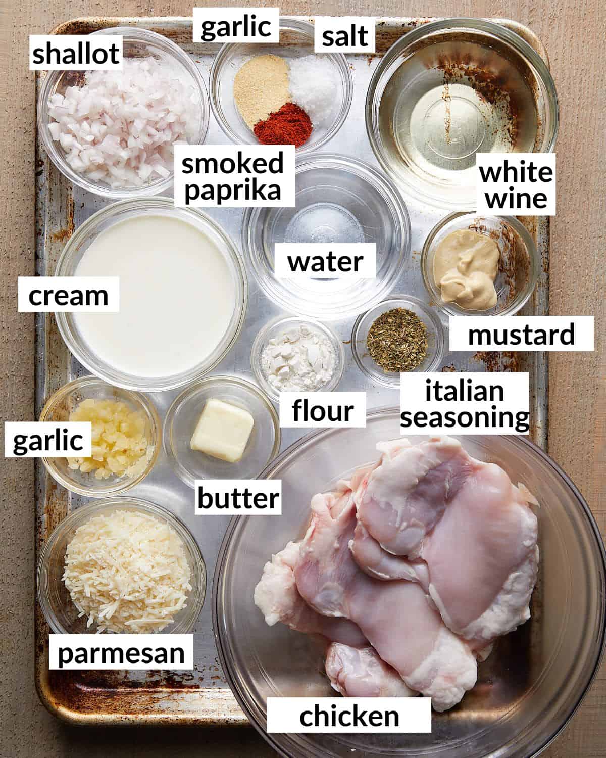 Overhead image of ingredients needed for creamy chicken and mashed potatoes.