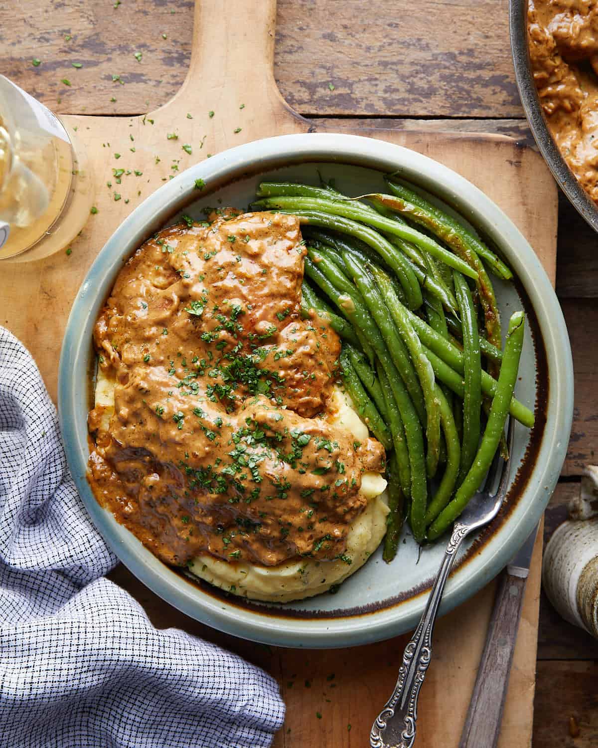 Overhead image of creamy chicken and mashed potatoes. 