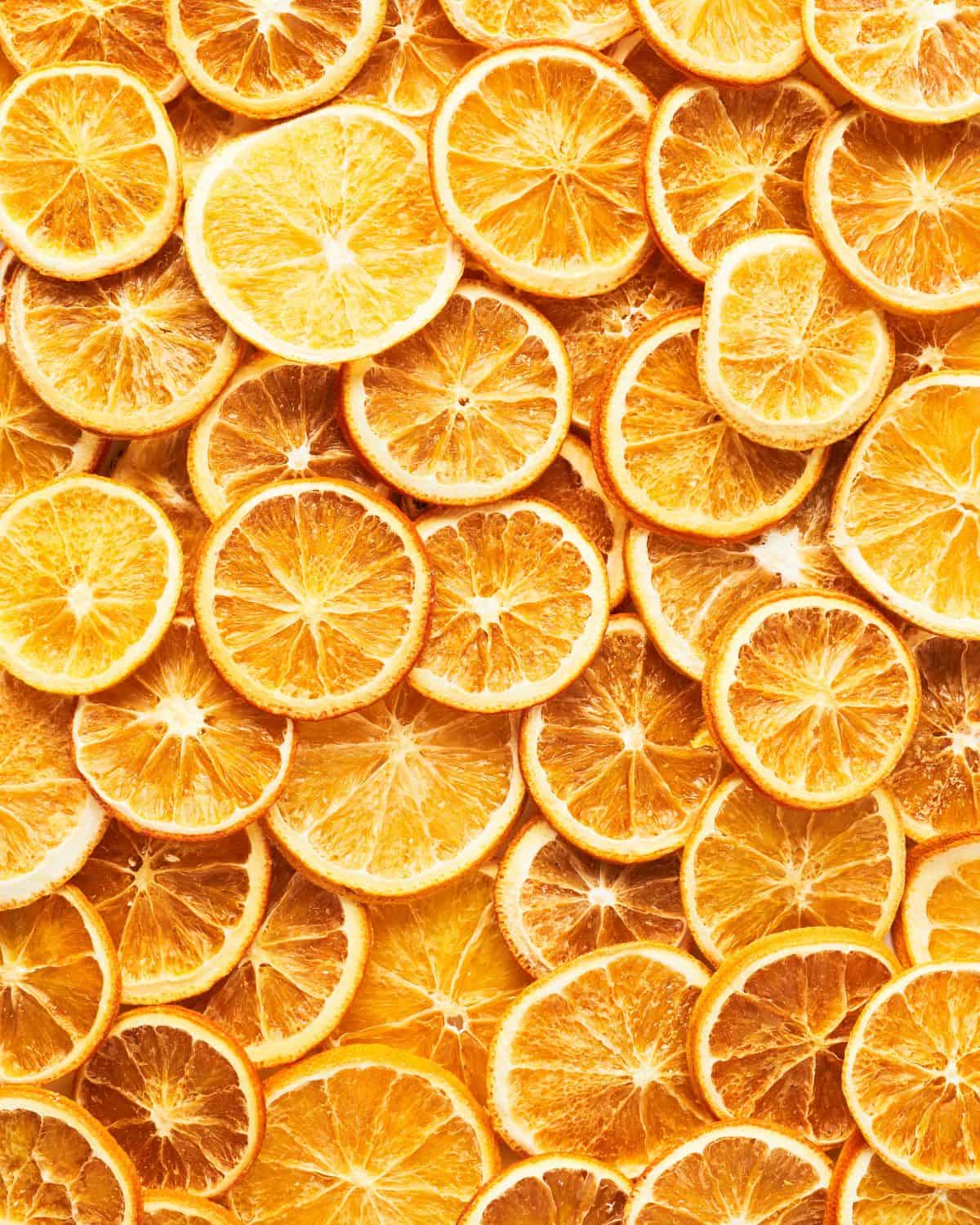 Overhead image of dry orange slices.