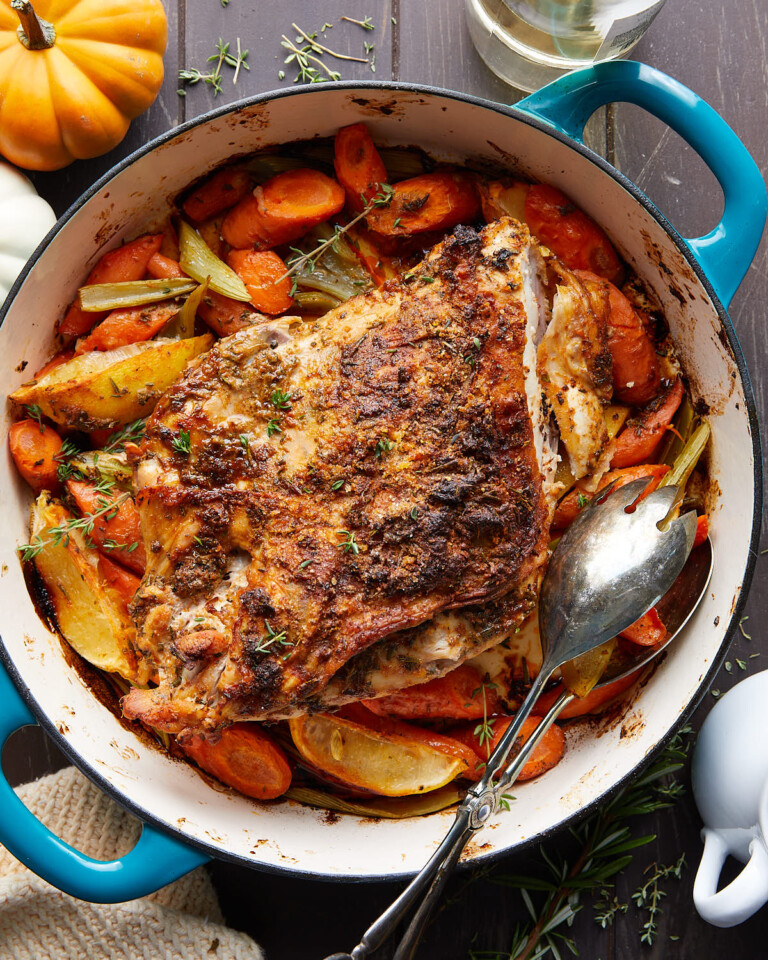 Dutch Oven Turkey Breast with Vegetables Bites with Bri