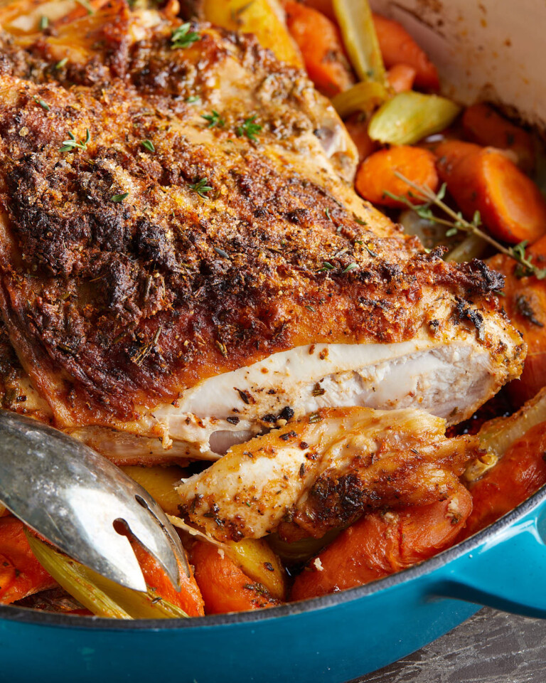 Dutch Oven Turkey Breast with Vegetables Bites with Bri