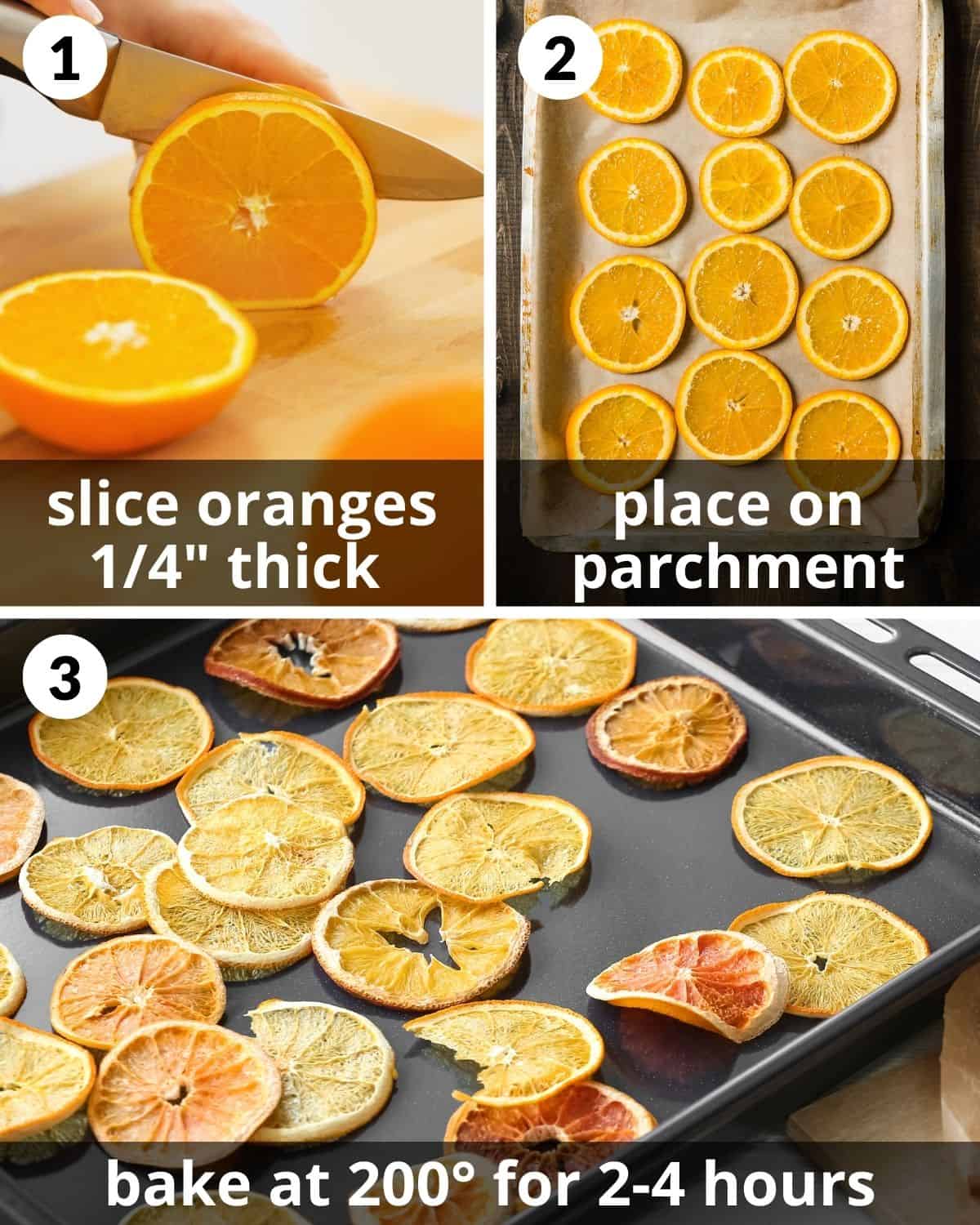 A 3 photo collage showing the assembly of dry oranges.