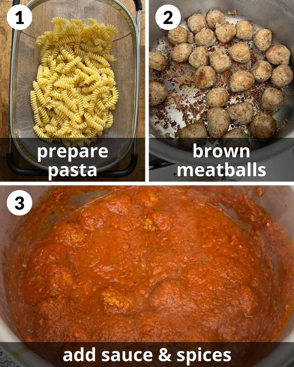 A 3 photo collage showing the beginning assembly of meatball pasta bake.