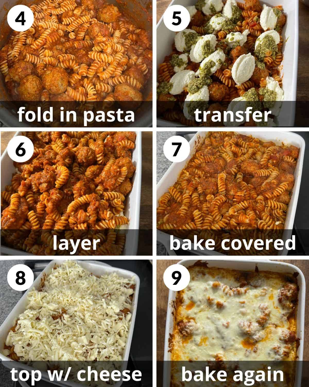 A 6 photo collage showing the final assembly of meatball pasta bake.