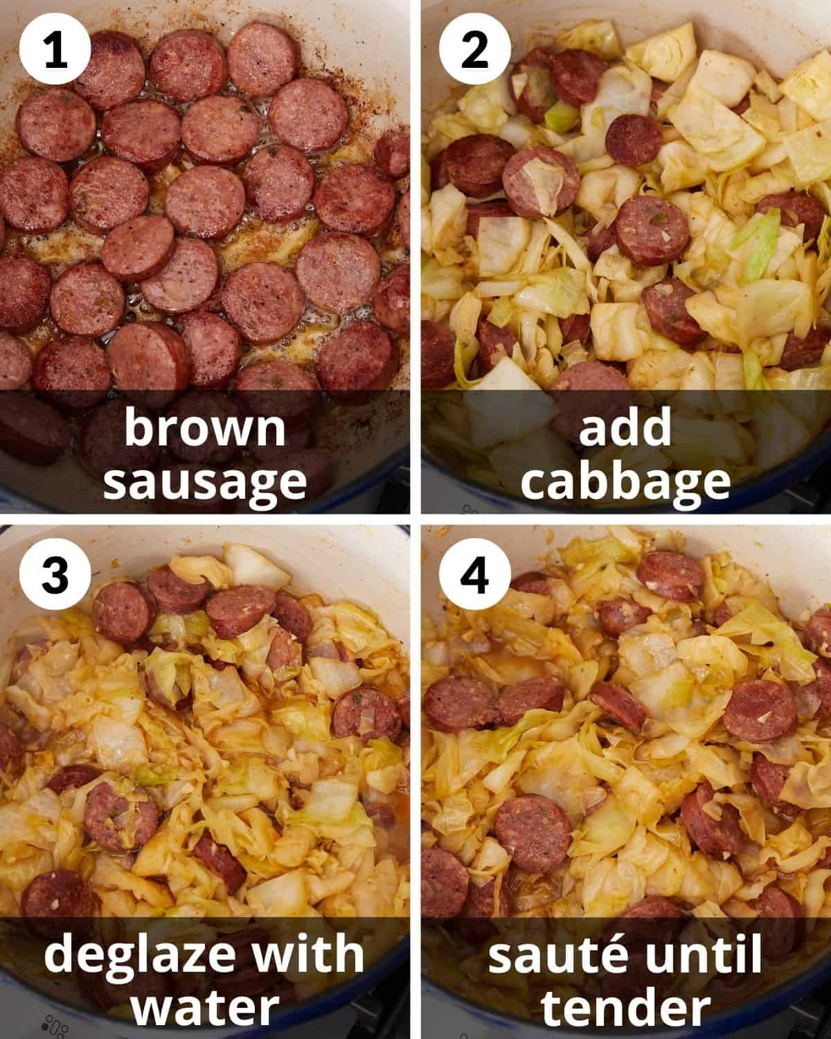 A 4 image collage showing the assembly of smoked sausage and cabbage recipe.