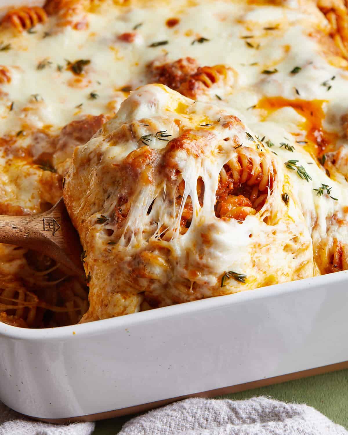 Up close image of meatball pasta bake.