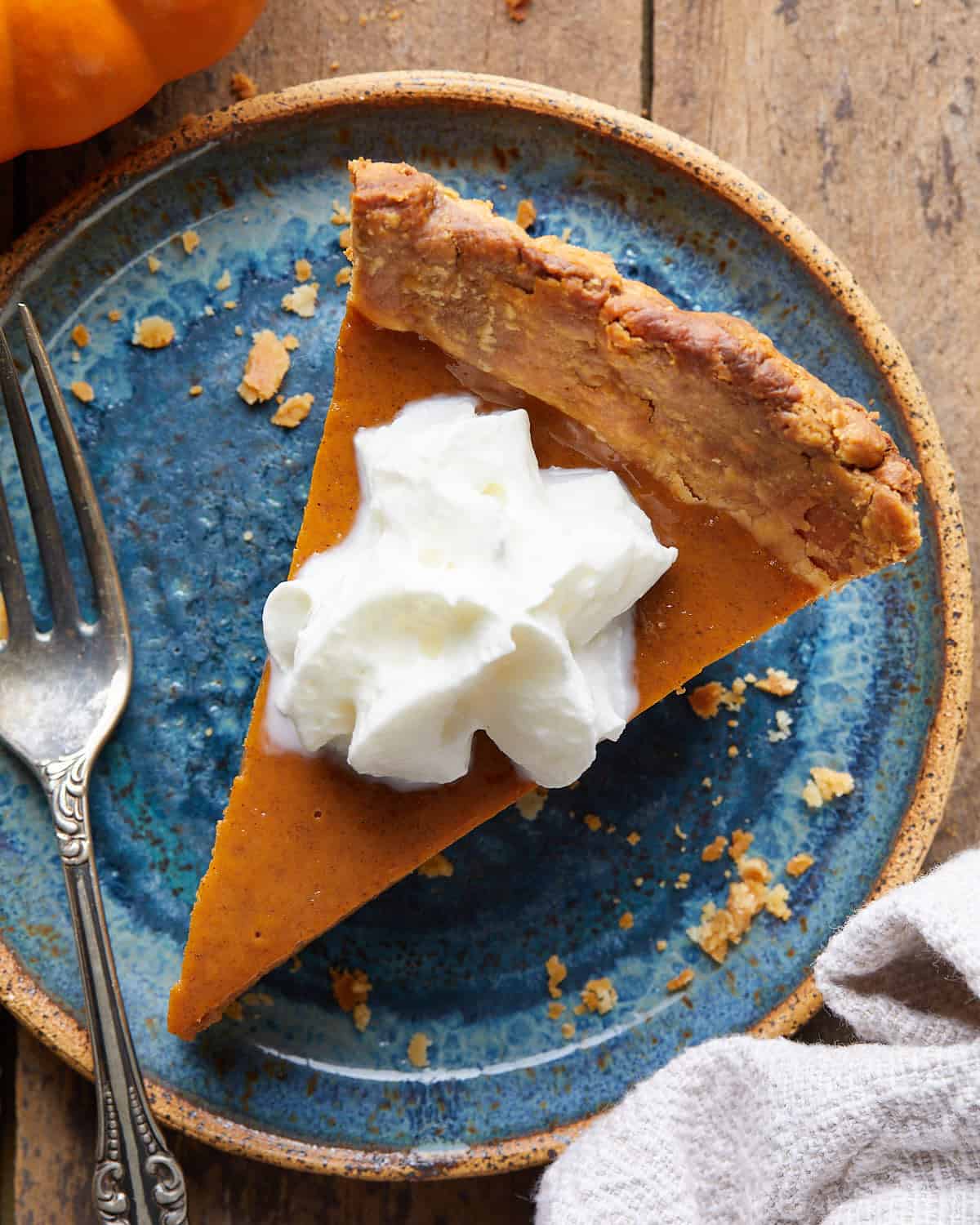 Overhead image of pumpkin pie with sweetened condensed milk.