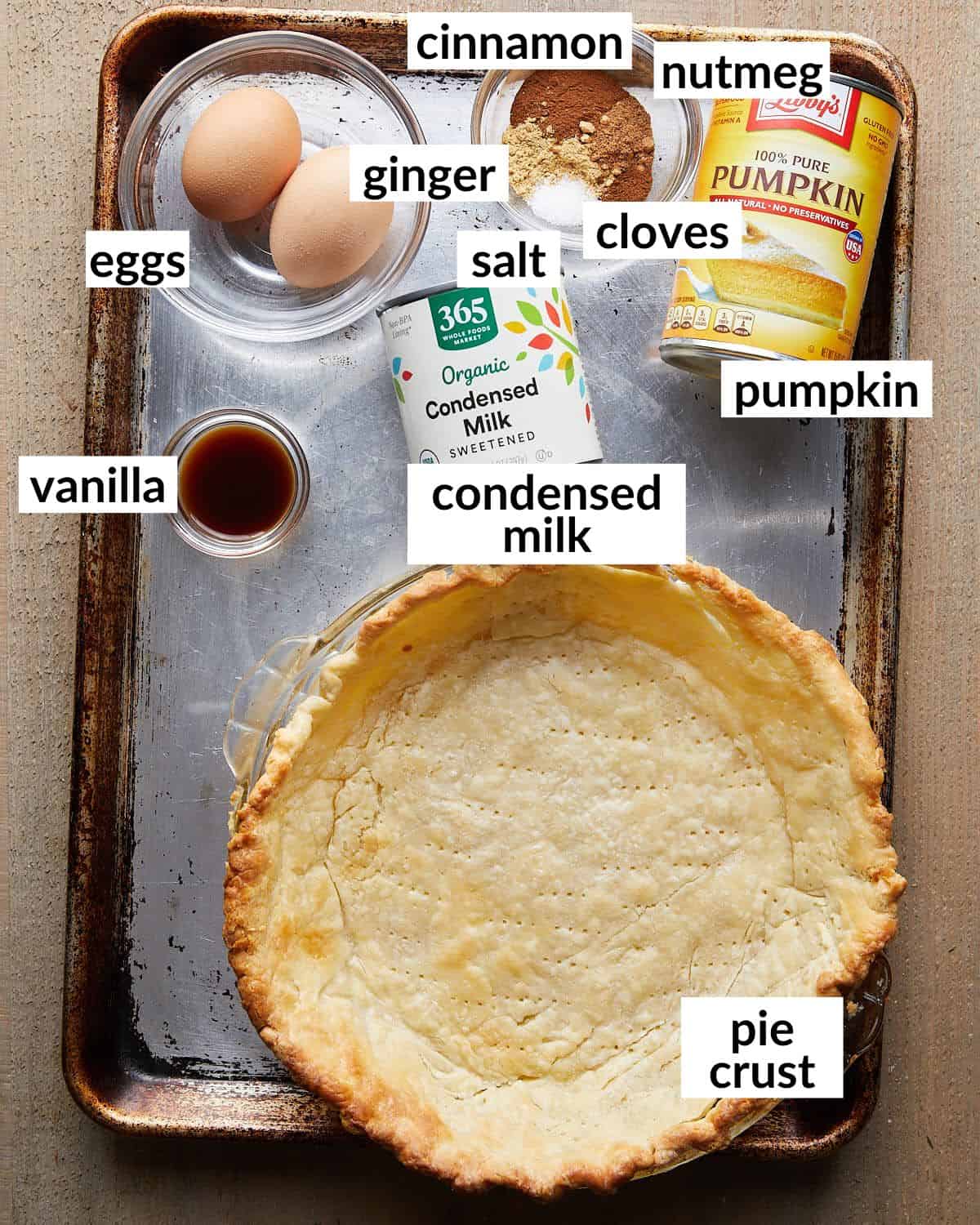 Overhead image of ingredients needed to make pumpkin pie with sweetened condensed milk. 