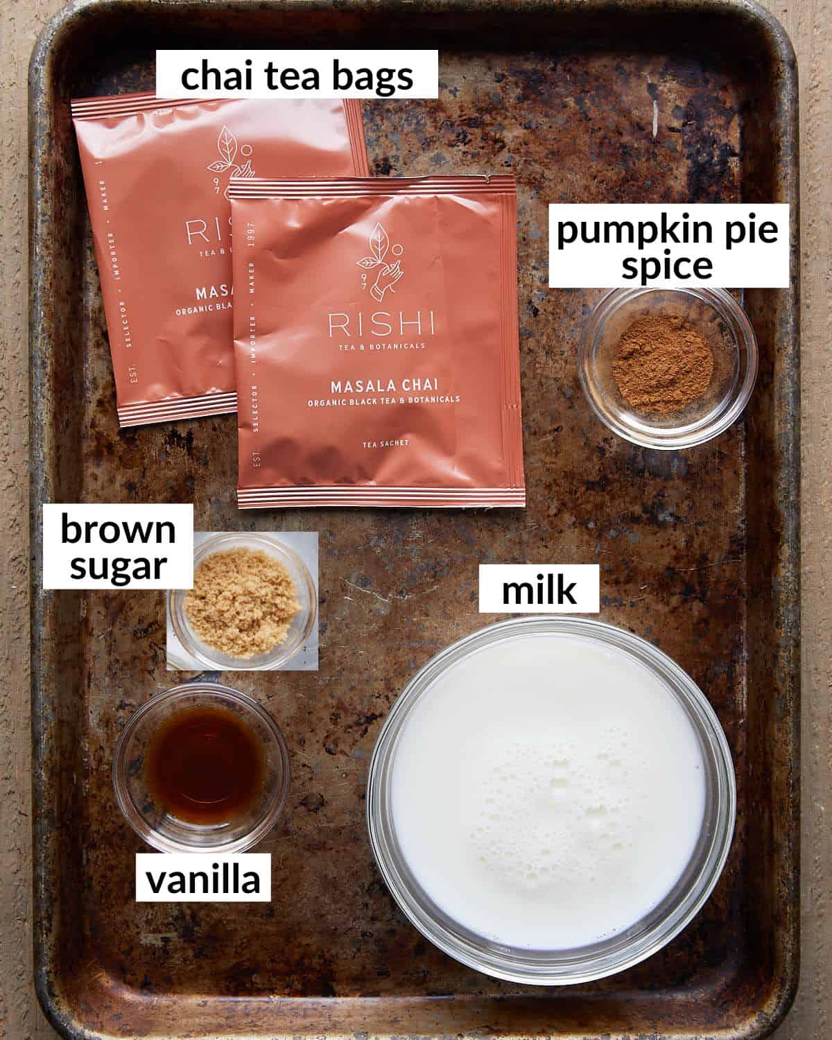 An overhead image of ingredients needed to make pumpkin spice chai latte. 