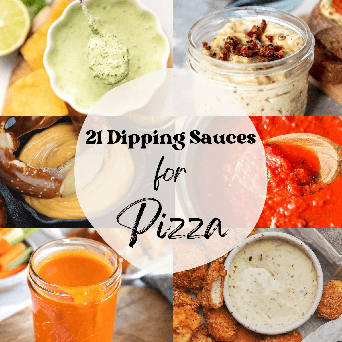 A 6 photo collage showing dipping sauces for pizza. 