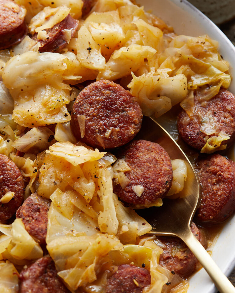 Smoked Sausage and Fried Cabbage Bites with Bri