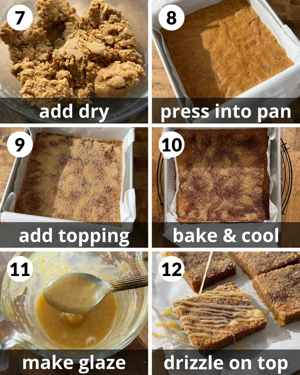 A 6 photo collage showing the final assembly of pumpkin snickerdoodle bars.