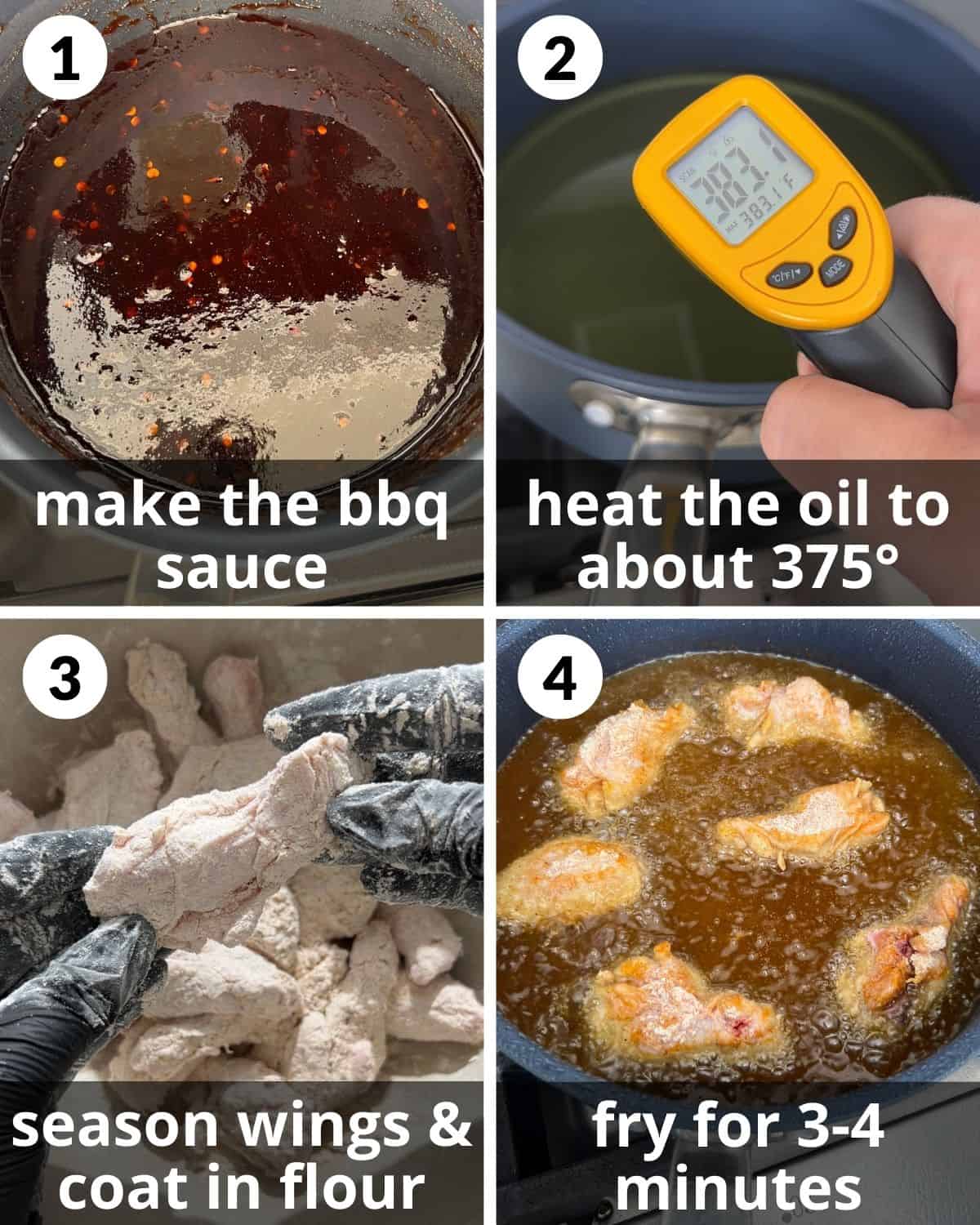 A 4 photo collage showing how to make sticky bbq chicken wings.