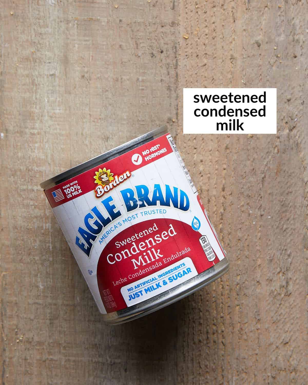 Overhead image of ingredient needed to make condensed milk caramel. 