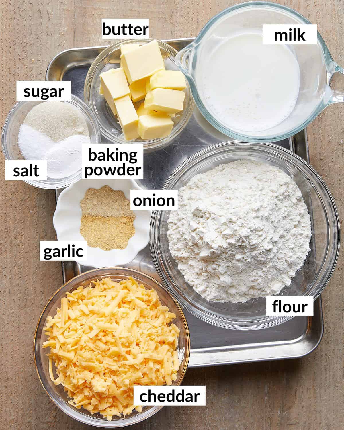 Overhead image of ingredients needed to make the cheddar biscuits for chicken pot pie. 