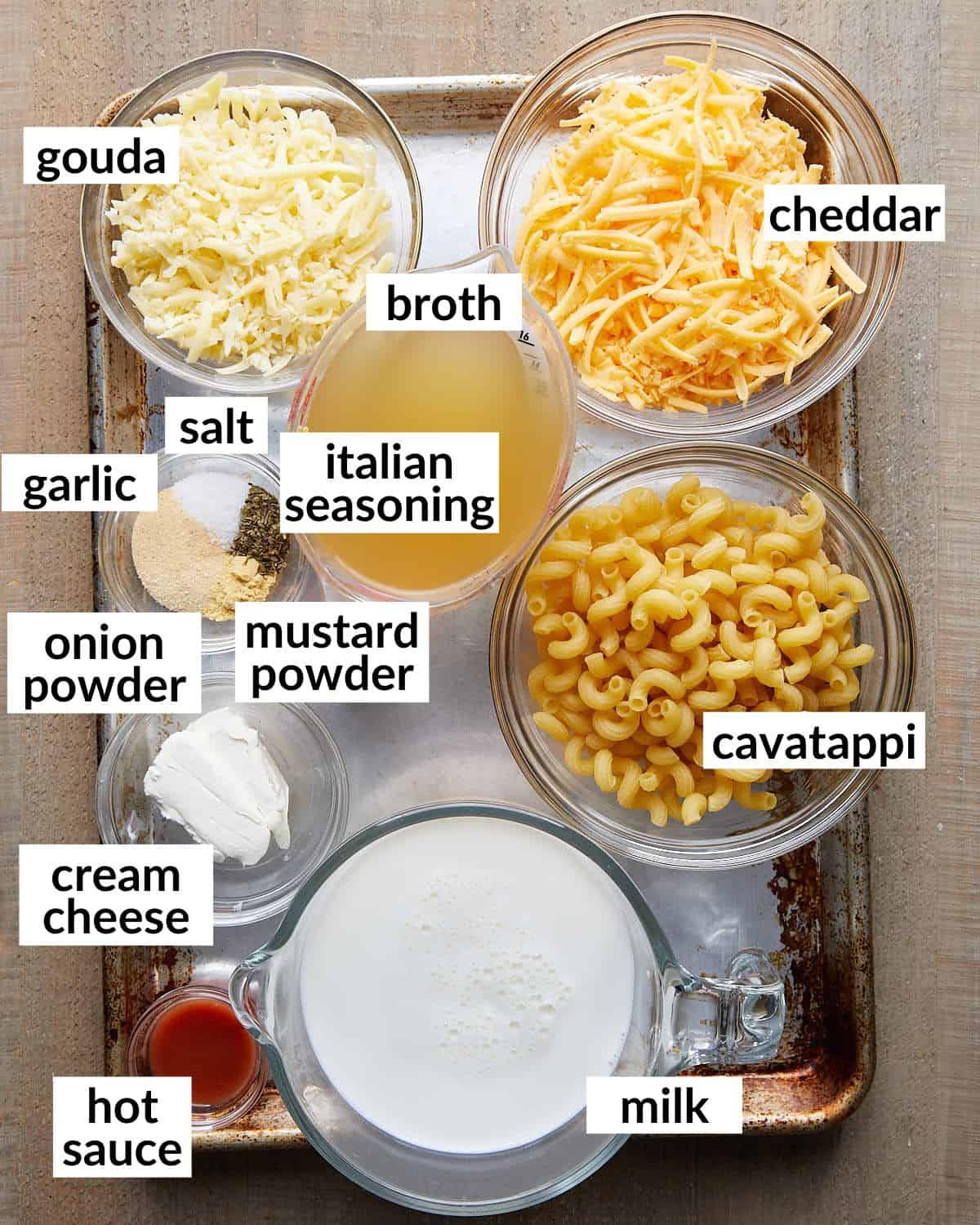 Overhead image of ingredients needed to make dutch oven mac and cheese. 