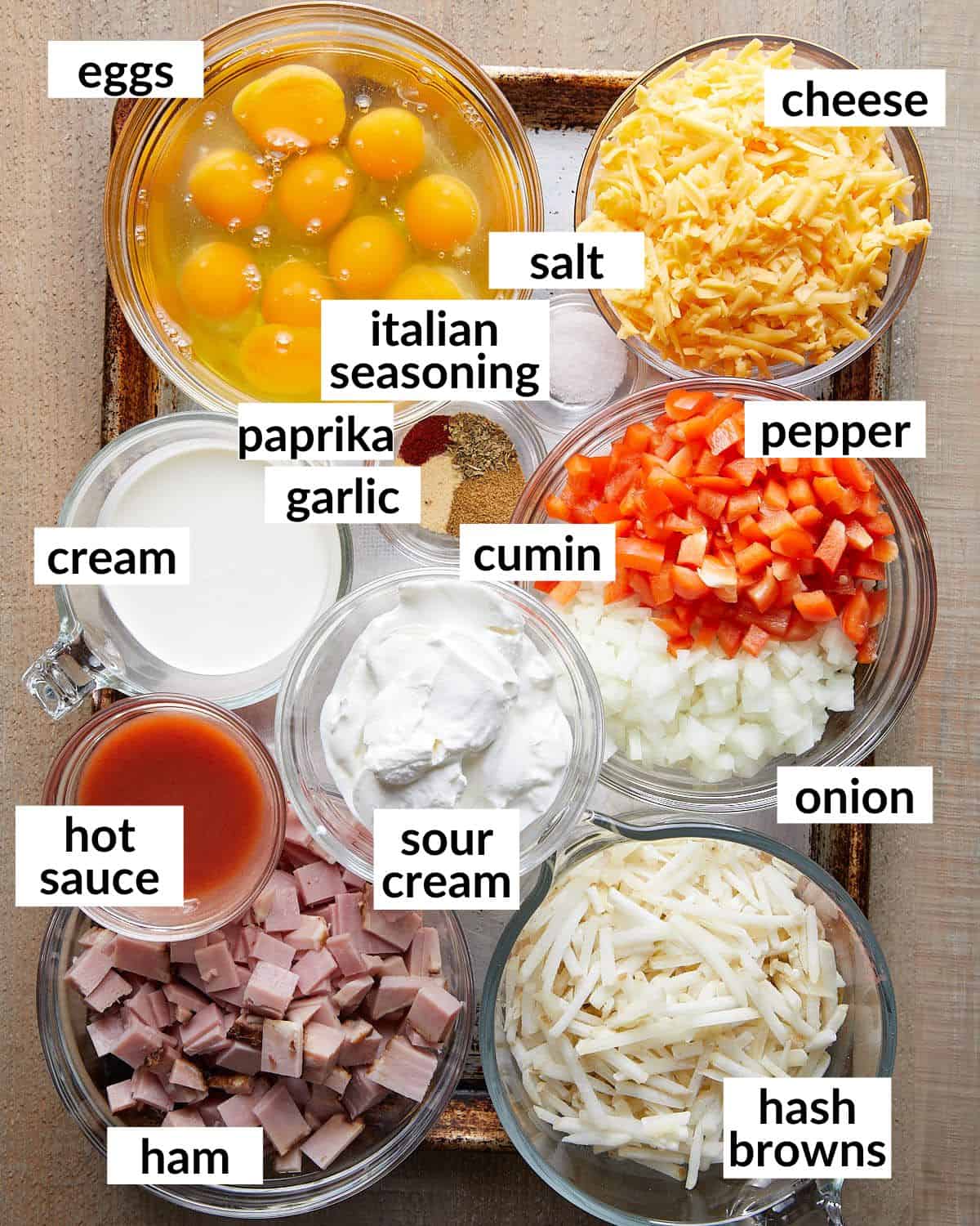 Overhead image of ingredients needed to make ham and cheese hash brown casserole. 