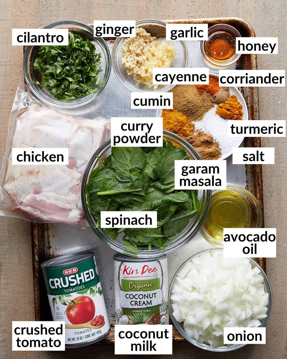 Overhead image of ingredients needed to make healthy chicken curry. 