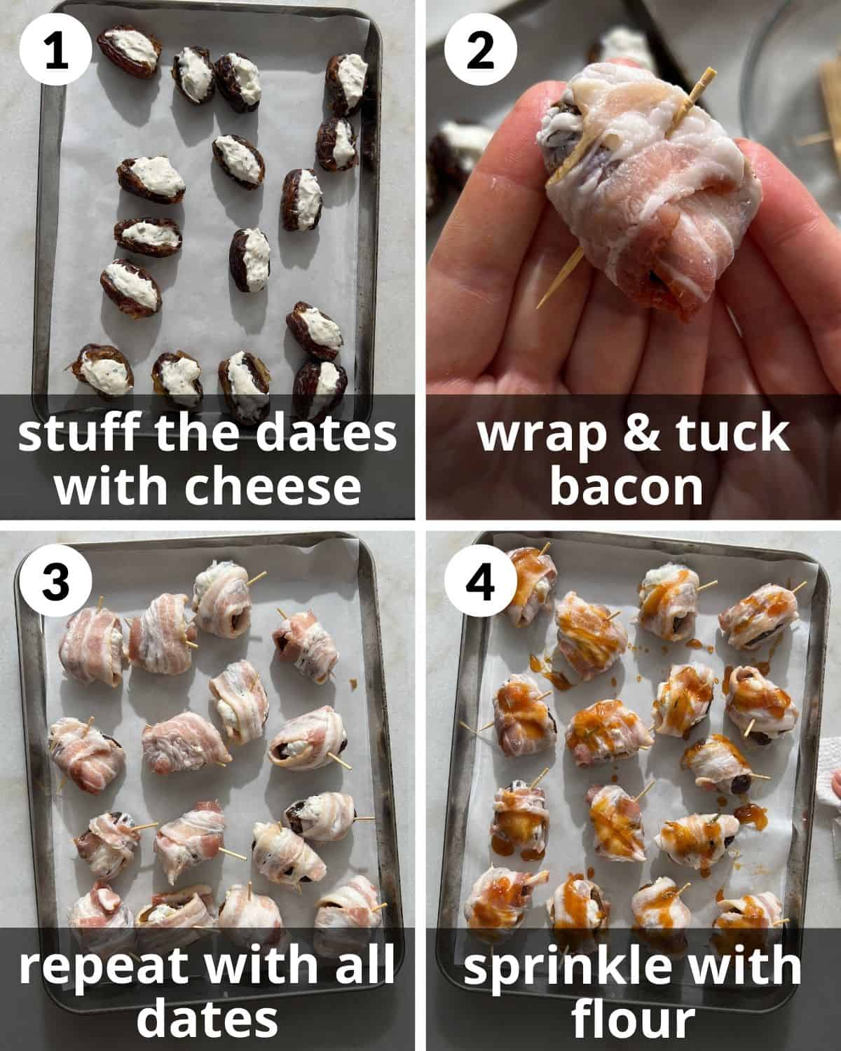 A 4 photo collage showing the assembly of bacon wrapped dates with cream cheese. 