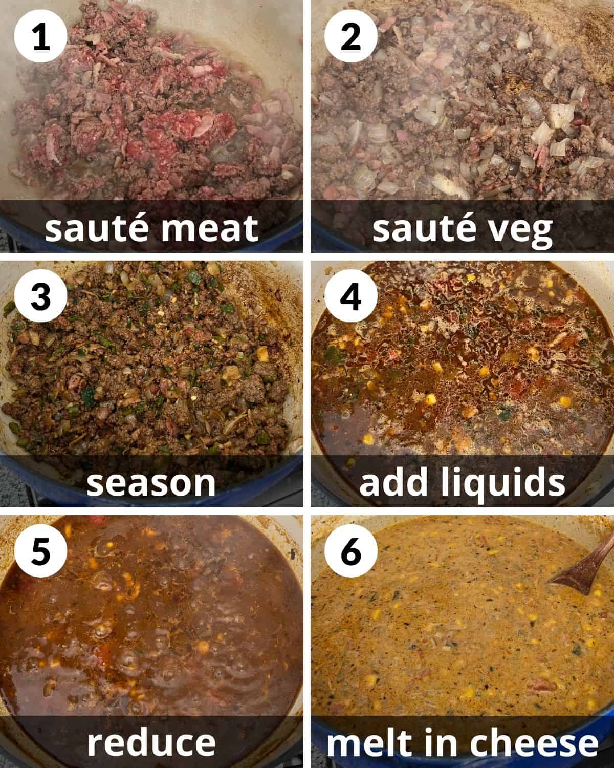 A 6 photo collage showing the assembly of beef enchilada soup. 