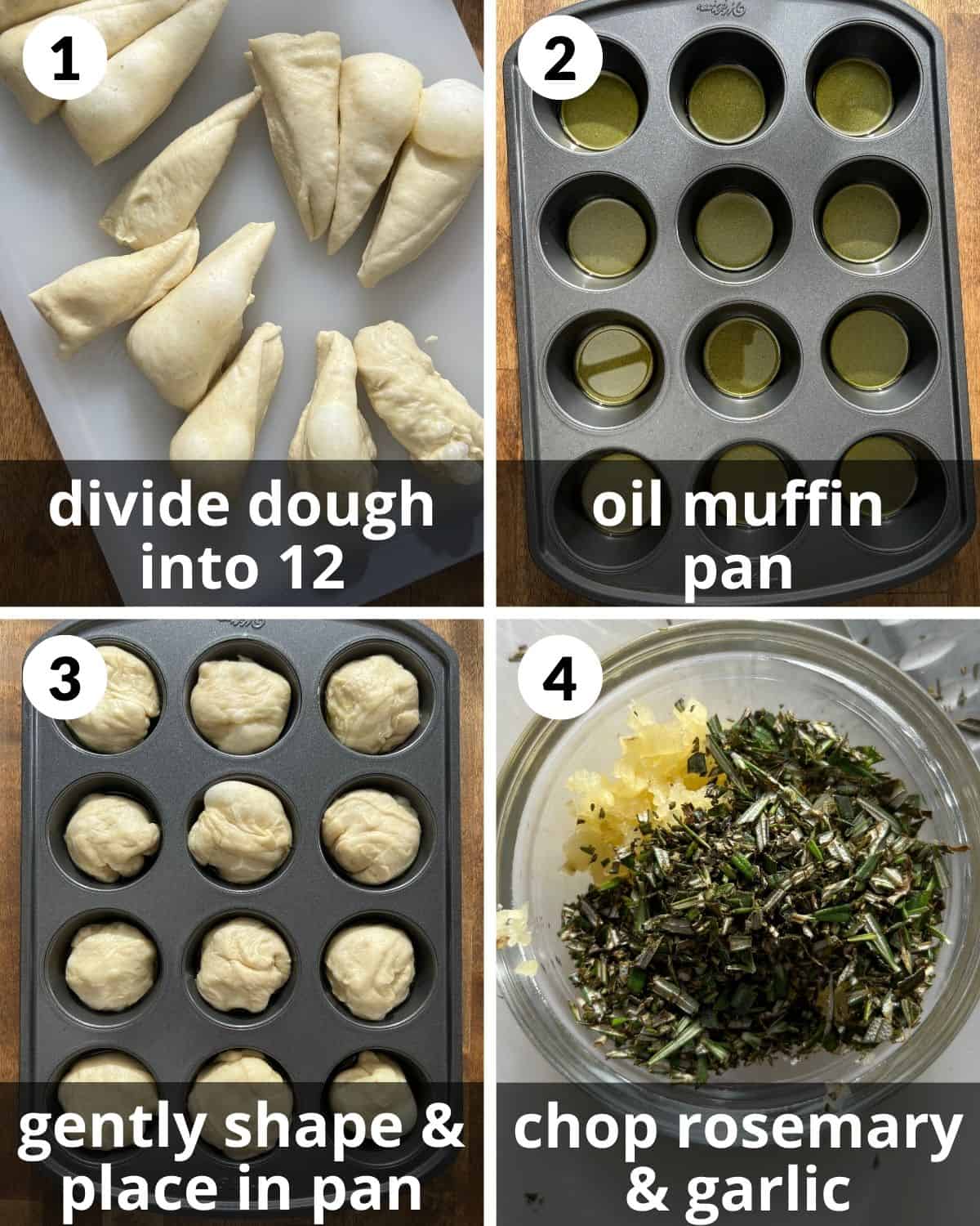 A 4 photo collage showing the beginning steps of focaccia muffins. 