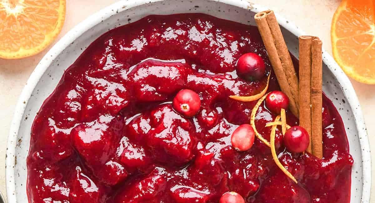 Overhead image of homemade cranberry sauce. 