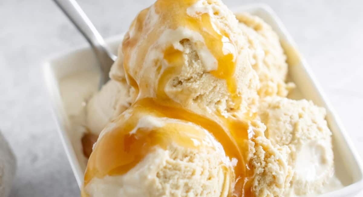 Up close image of butterscotch ice cream. 