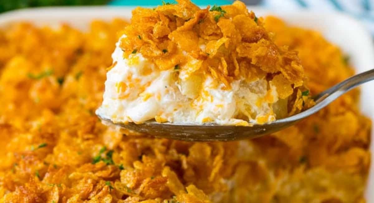 Up close side image of funeral potatoes. 