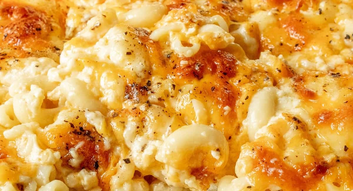 Up close image of soul food baked mac and cheese. 
