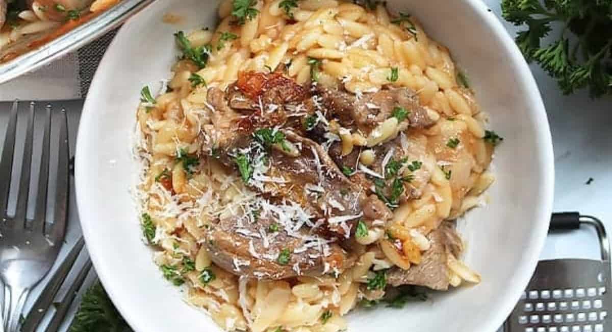 Overhead image of giouvetsi greek lamb stew with orzo. 