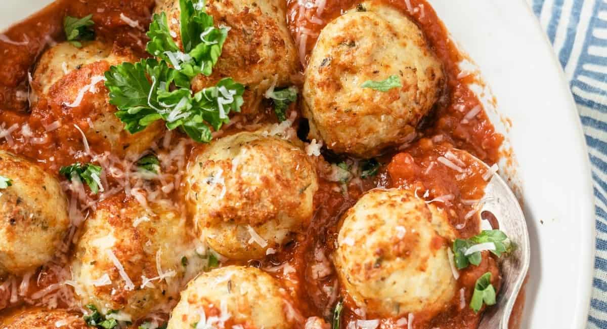 Overhead image of air fryer chicken meatballs.