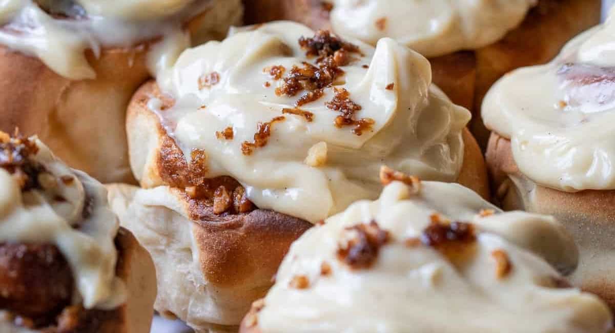 Up close image of air fryer cinnamon rolls.