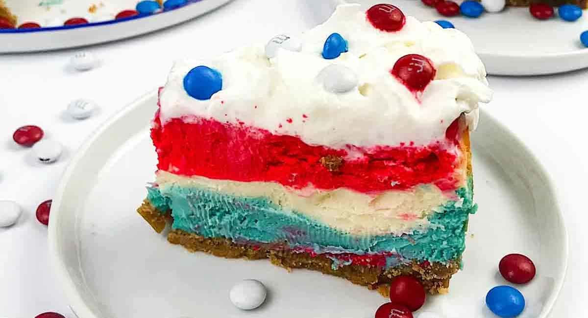 Side image of air fryer red, white, and blue cheesecake.