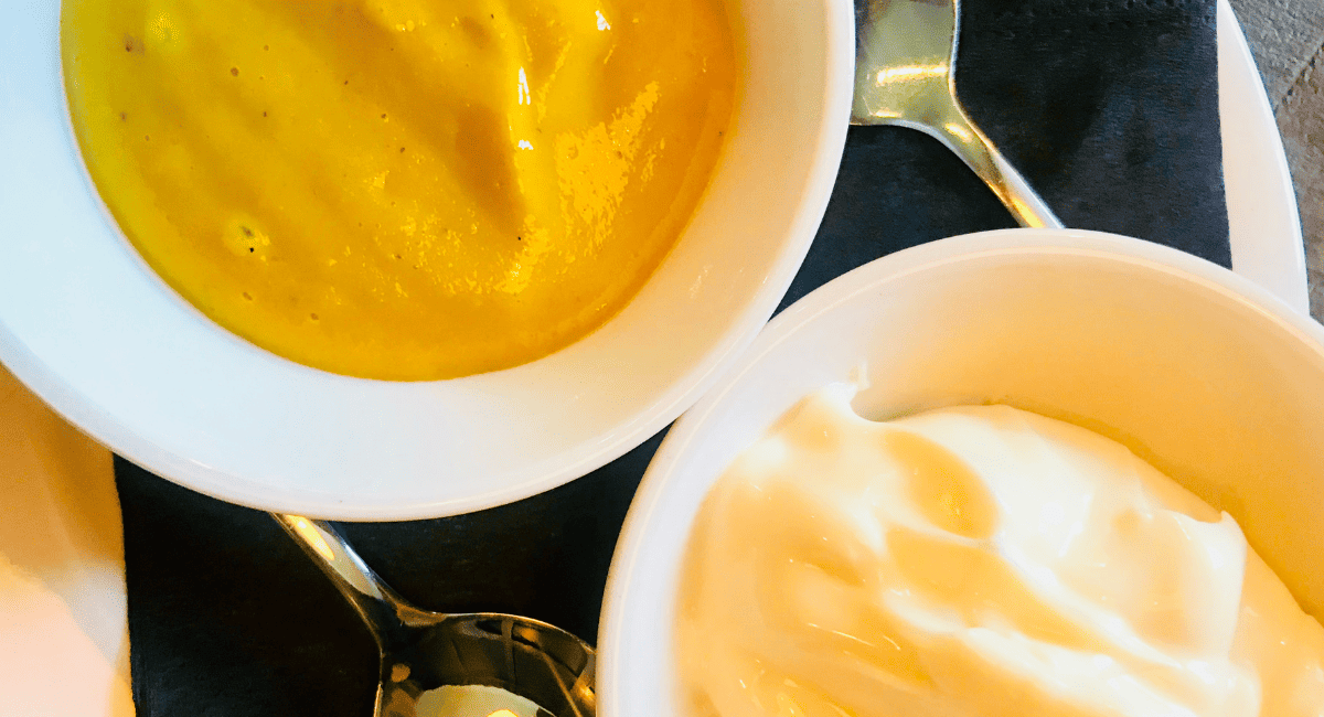 Overhead image of mayo and mustard.