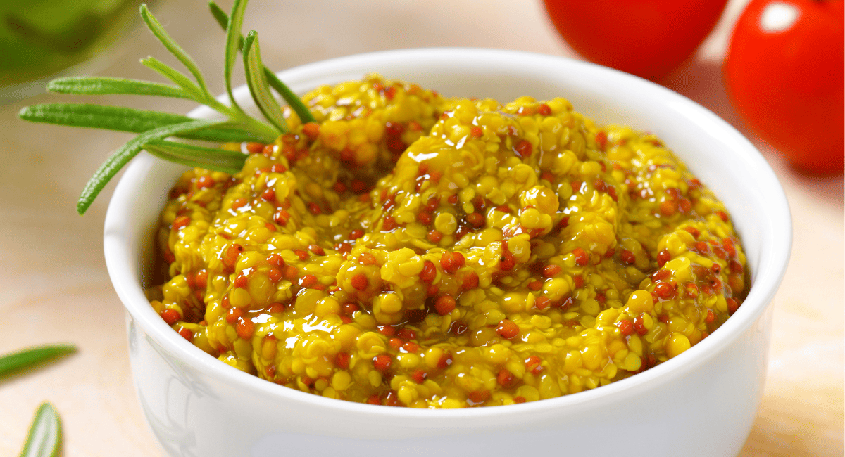 Up close image of whole-grain mustard.