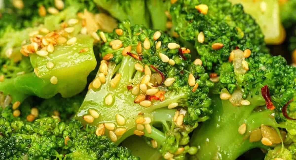 Up close image of Asian-style broccoli. 