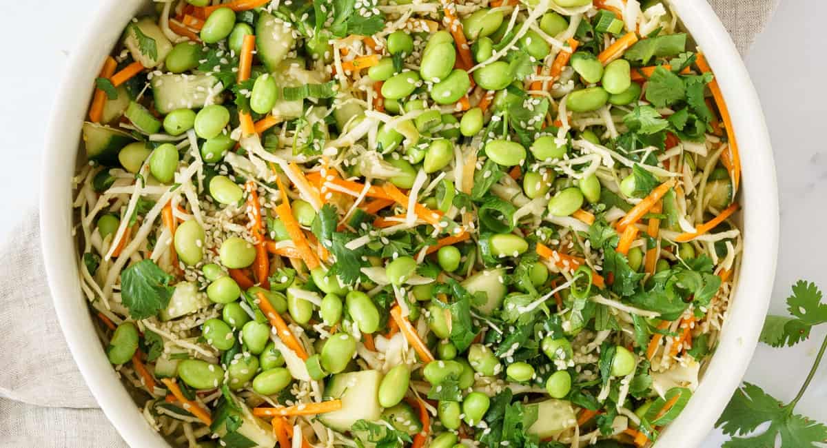 Overhead image of edamame salad. 