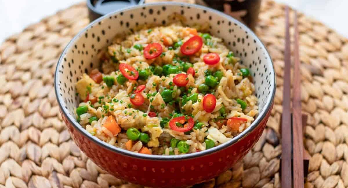 Overhead image of egg fried rice. 