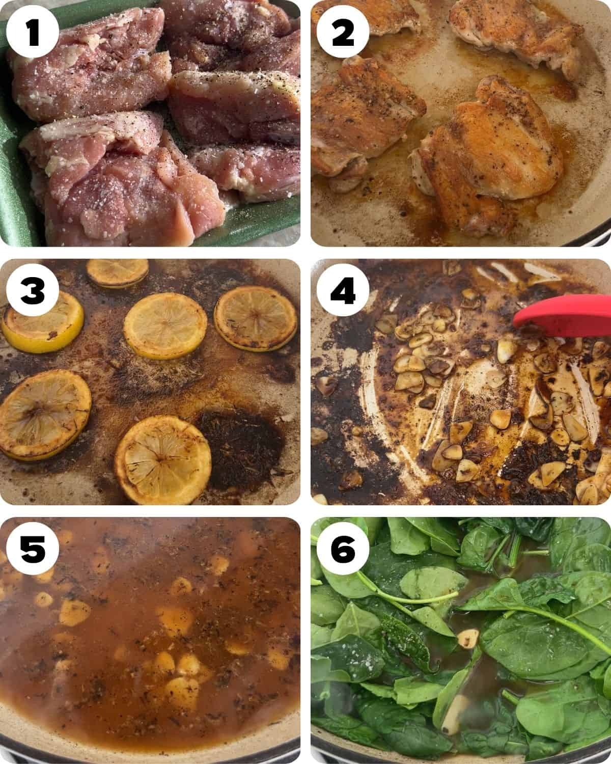 A 6 photo collage showing the steps to making lemon chicken and orzo pasta. 